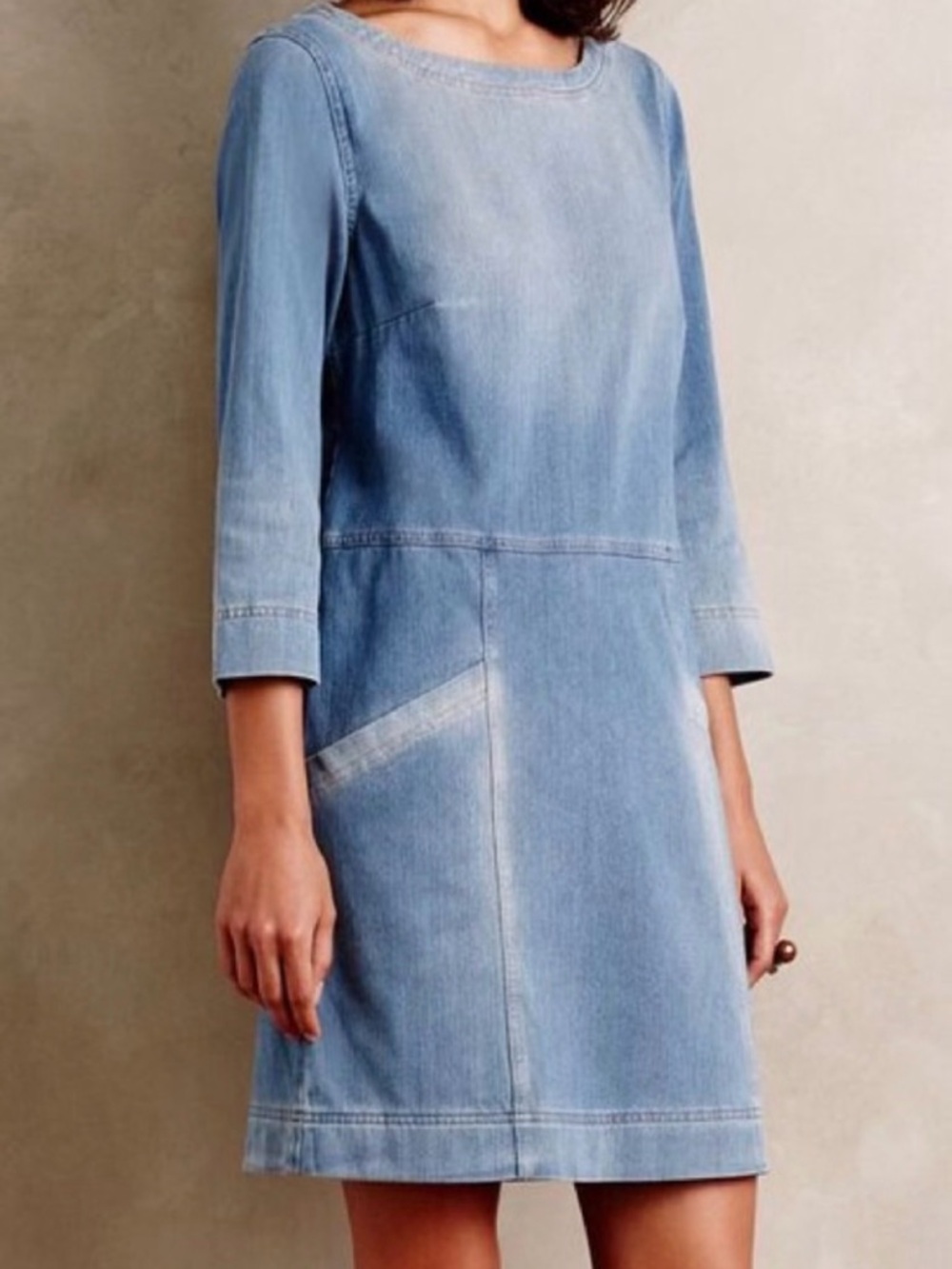 AG Adriano Goldschmied Blue Denim Shift Dress 3/4 Sleeve Pockets Cotton Small